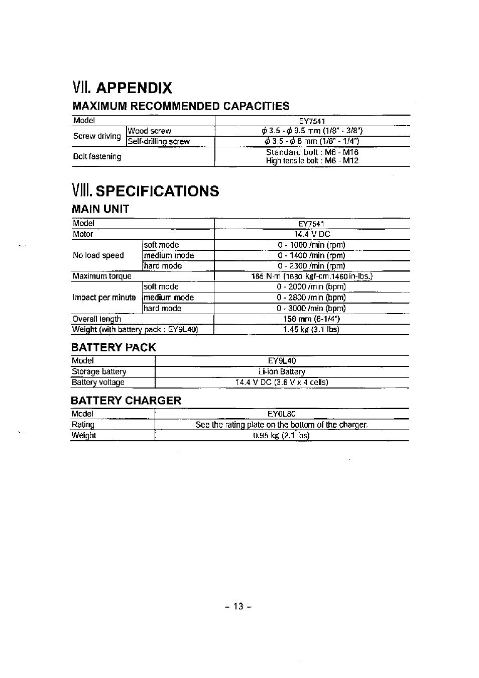 Maximum recommended capacities, Main unit, Battery pack | Battery charger, I. appendix, I. specifications | Panasonic EY7541 User Manual | Page 13 / 16