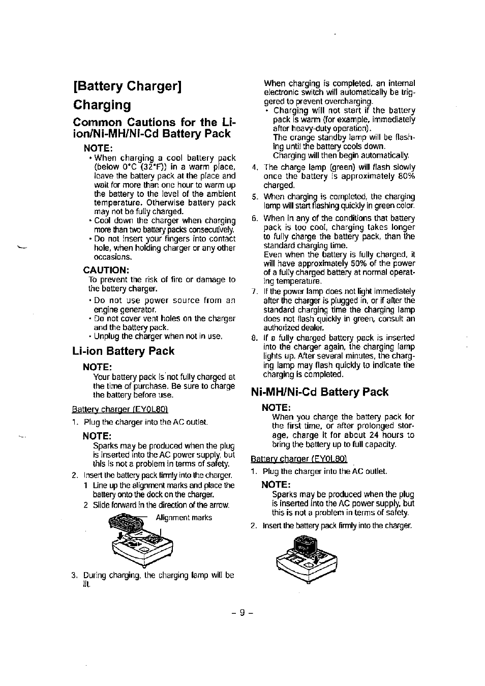 Battery charger] charging, Li-ion battery pack, Ni-mh/ni-cd battery pack | Panasonic EY7541 User Manual | Page 9 / 16