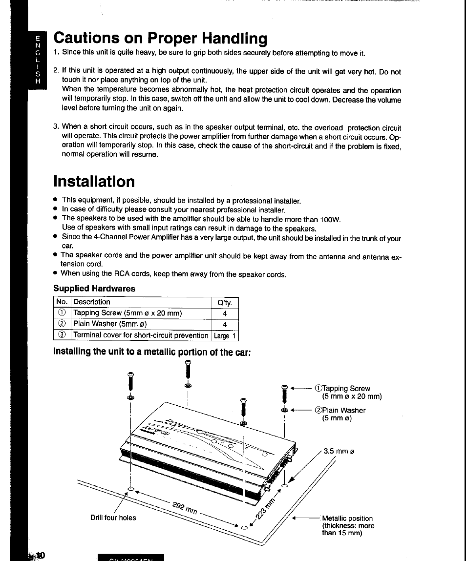 Cautions on proper handling, Installation | Panasonic CY-M9054EN User Manual | Page 10 / 14