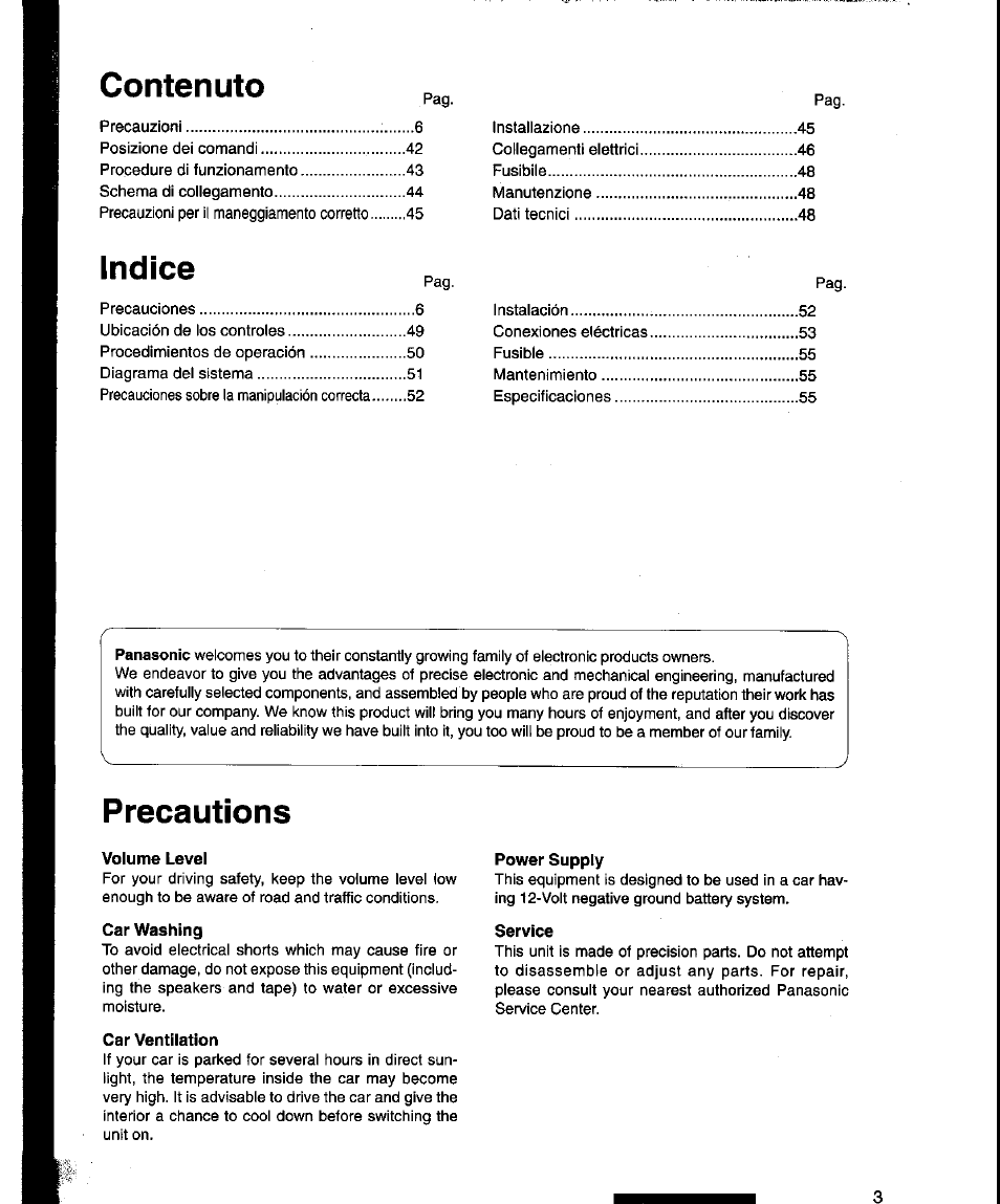 Contenuto, Indice, Precautions | Panasonic CY-M9054EN User Manual | Page 3 / 14