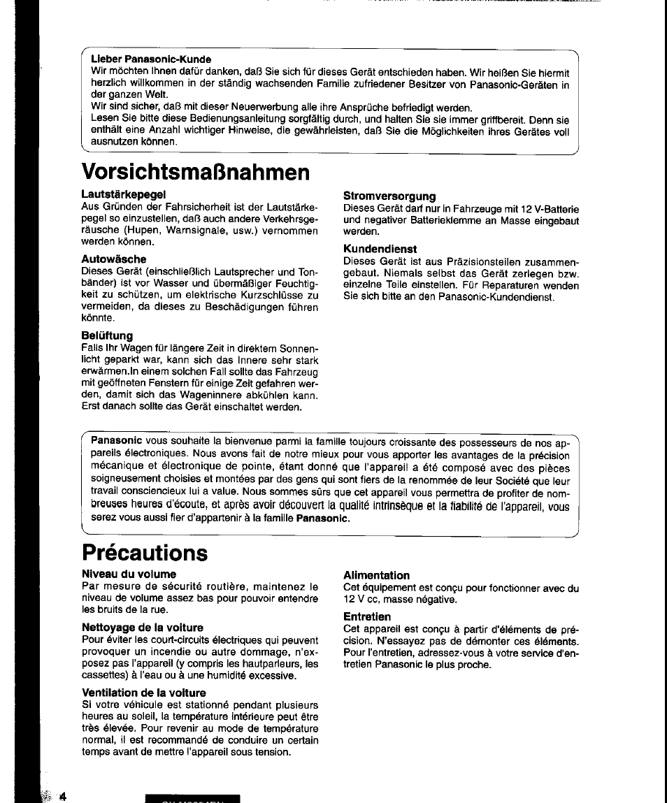 Vorsichtsmaßnahmen, Précautions | Panasonic CY-M9054EN User Manual | Page 4 / 14