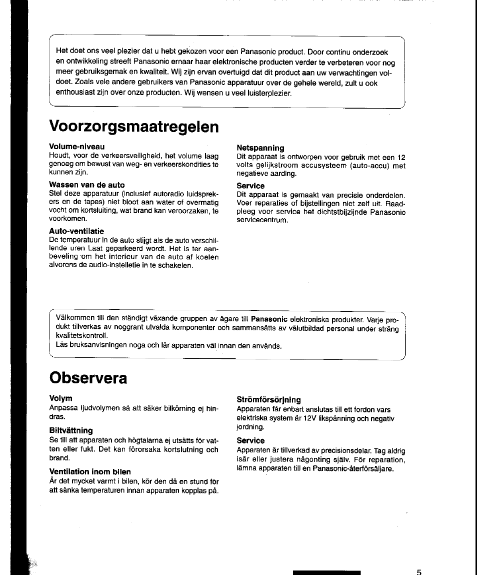 Voorzorgsmaatregelen, Observera | Panasonic CY-M9054EN User Manual | Page 5 / 14