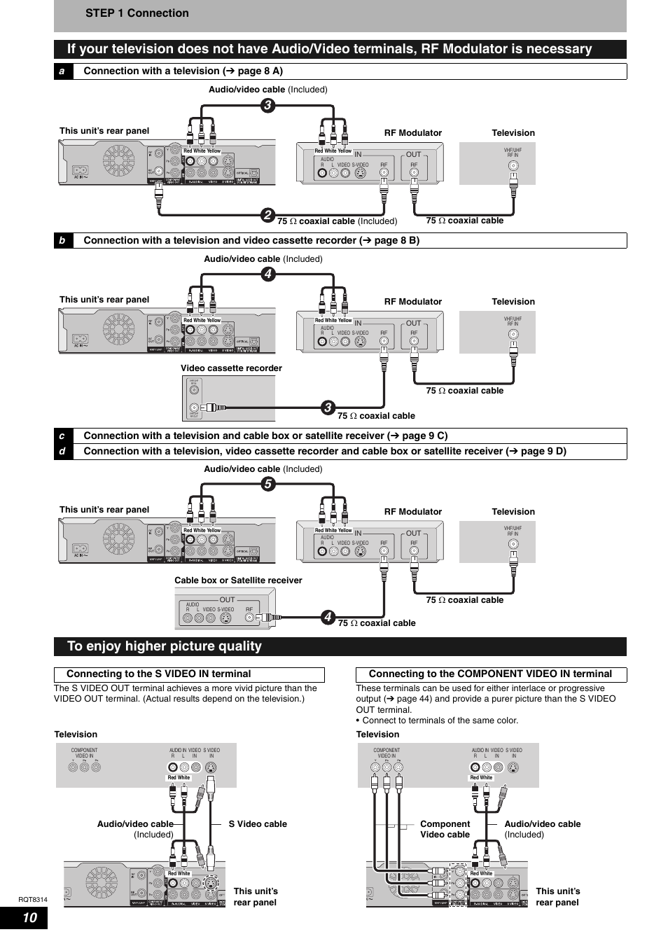 Step 1 connection, Aconnection with a television ( ô page 8, Connecting to the s video in terminal | Connecting to the component video in terminal | Panasonic DMR-ES15 User Manual | Page 10 / 50