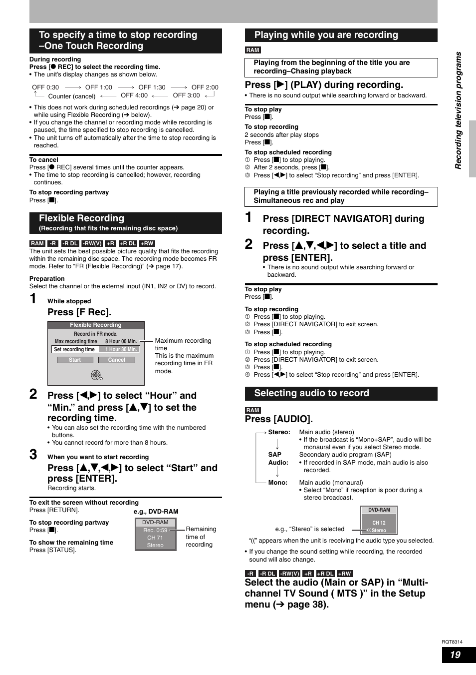 Press [f rec, Press [ q ] (play) during recording, Press [direct navigator] during recording | Press [audio, Playing while you are recording, Selecting audio to record | Panasonic DMR-ES15 User Manual | Page 19 / 50