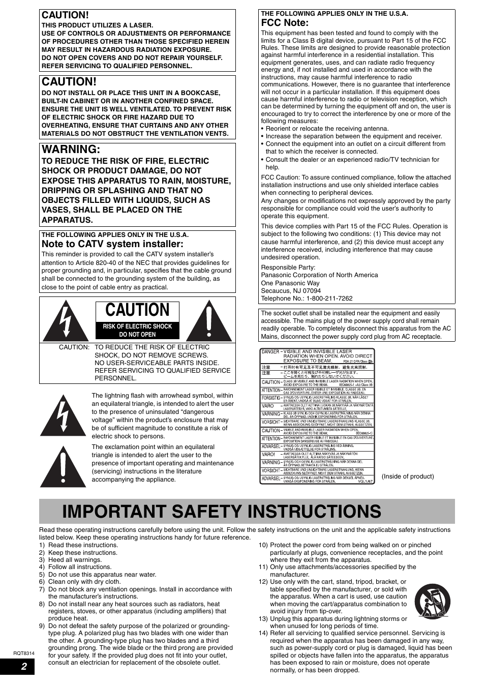 Important safety instructions, Warning, Caution | Panasonic DMR-ES15 User Manual | Page 2 / 50