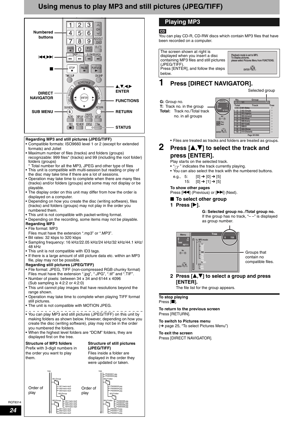 Press [direct navigator, Playing mp3 | Panasonic DMR-ES15 User Manual | Page 24 / 50