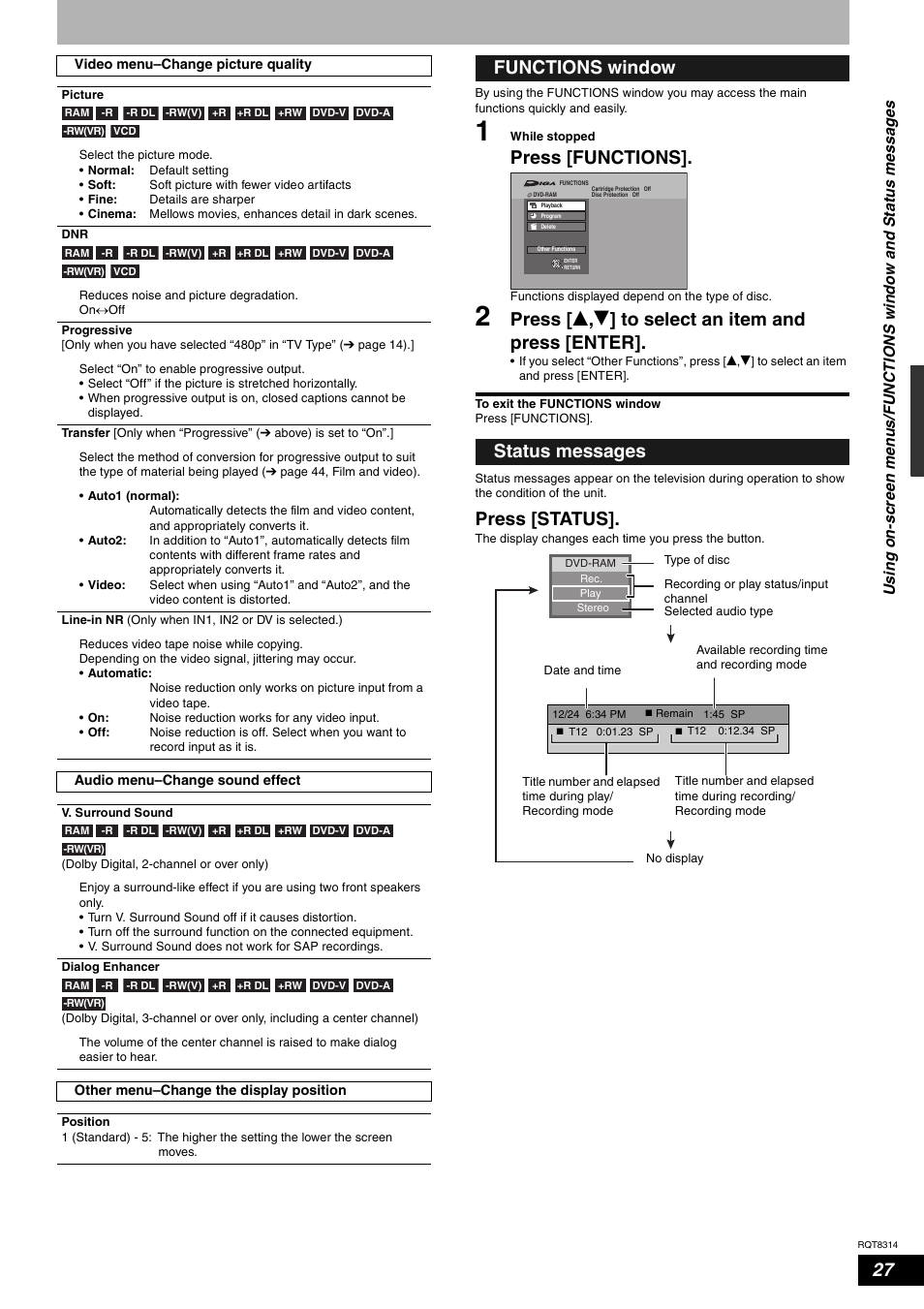 Press [functions, Press [ e , r ] to select an item and press [enter, Press [status | Functions window status messages | Panasonic DMR-ES15 User Manual | Page 27 / 50