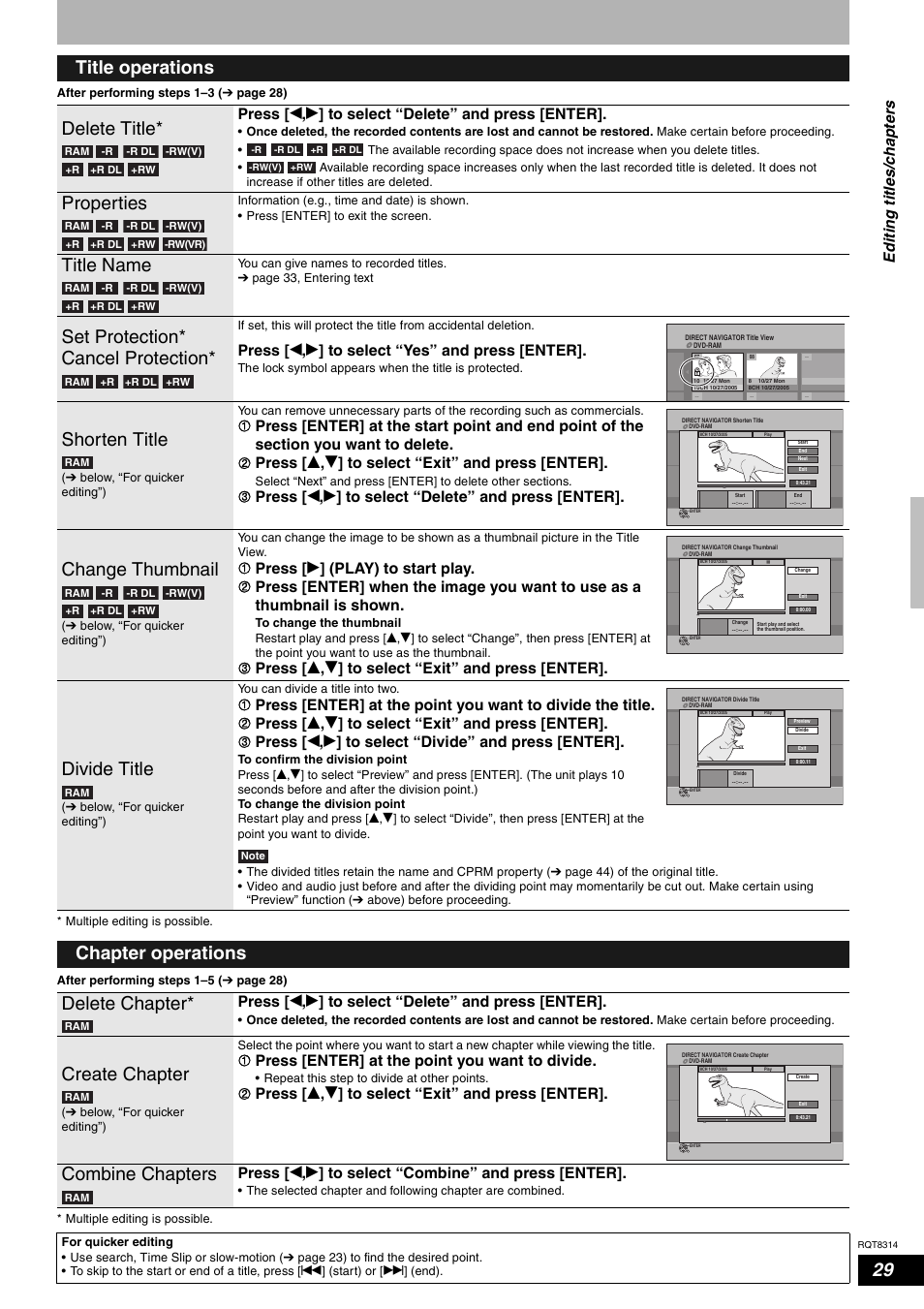 Title operations delete title, Properties, Title name | Set protection* cancel protection, Shorten title, Change thumbnail, Divide title, Chapter operations delete chapter, Create chapter, Combine chapters | Panasonic DMR-ES15 User Manual | Page 29 / 50