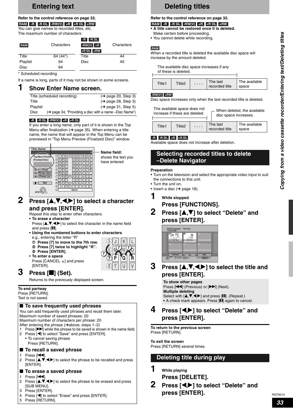 Entering text, Deleting titles, Show enter name screen | Press [ g ] (set), Press [functions, Press [delete, Deleting title during play, Nto save frequently used phrases, Nto recall a saved phrase, Nto erase a saved phrase | Panasonic DMR-ES15 User Manual | Page 33 / 50