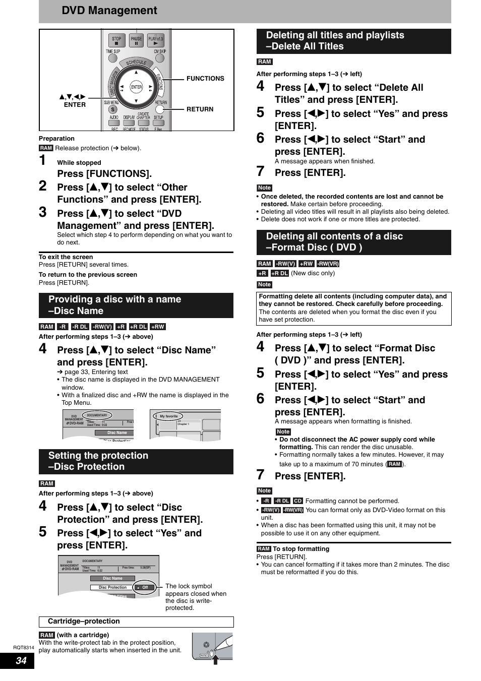 Dvd management, Press [functions, Press [ w , q ] to select “yes” and press [enter | Press [ w , q ] to select “start” and press [enter, Press [enter | Panasonic DMR-ES15 User Manual | Page 34 / 50