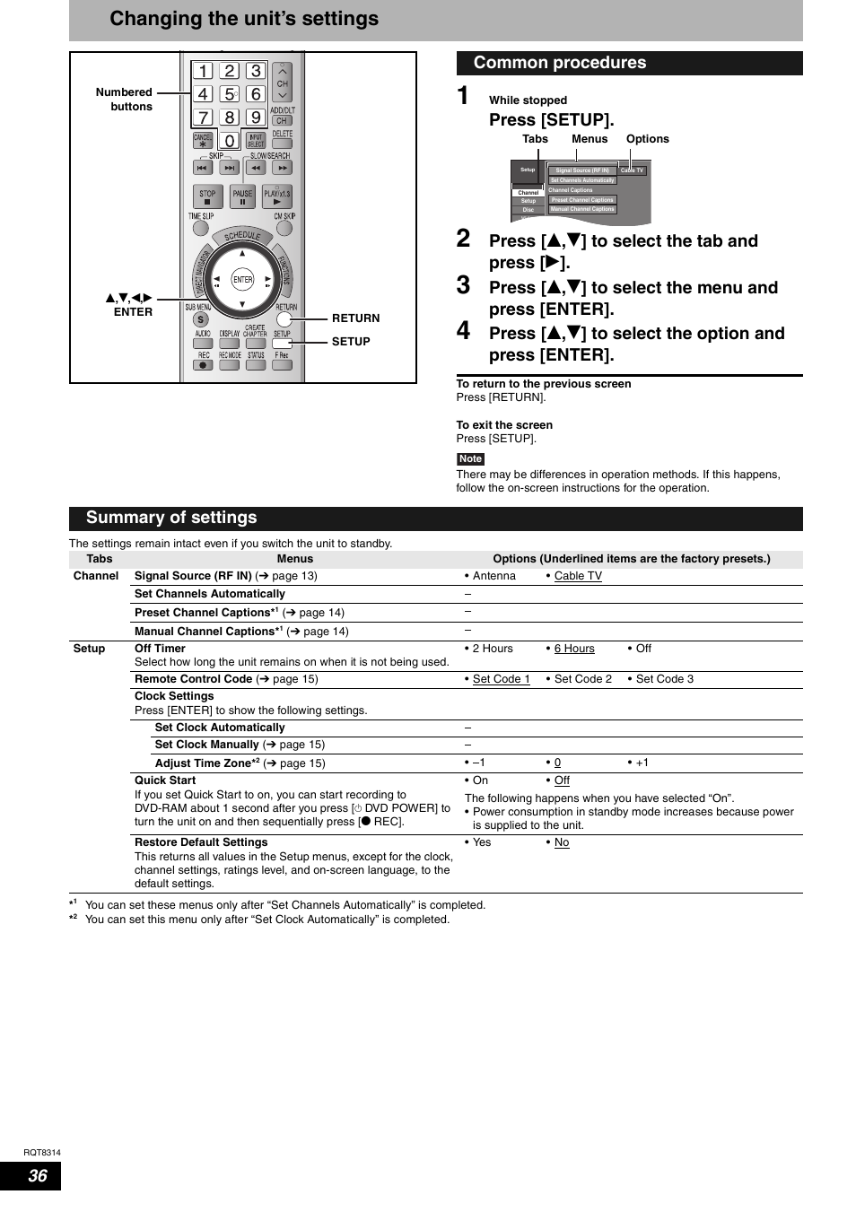 Changing the unit’s settings, Press [setup, Press [ e , r ] to select the tab and press [ q | Common procedures, Summary of settings | Panasonic DMR-ES15 User Manual | Page 36 / 50