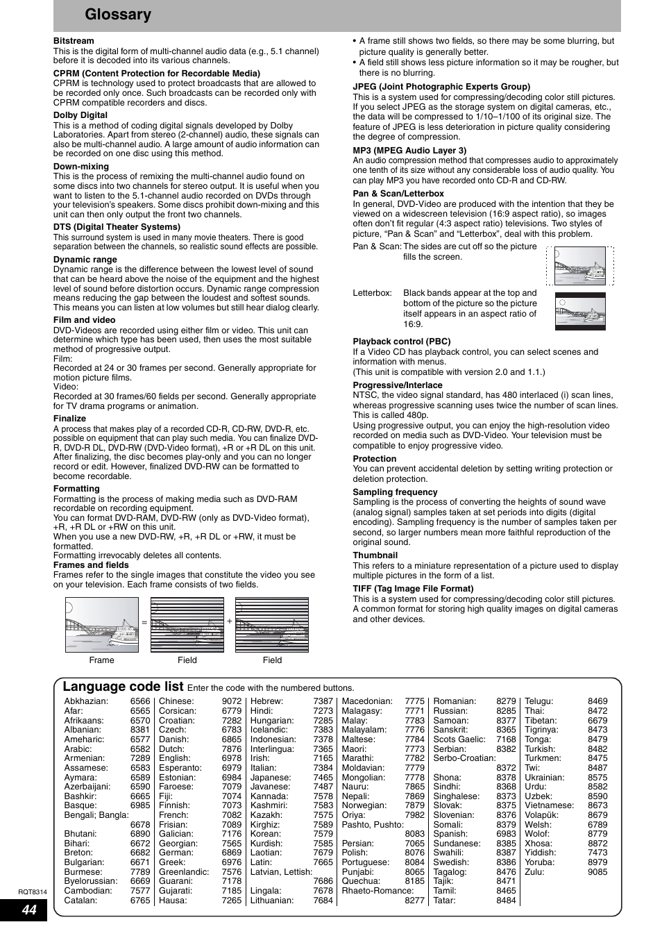 Glossary, Language code list | Panasonic DMR-ES15 User Manual | Page 44 / 50