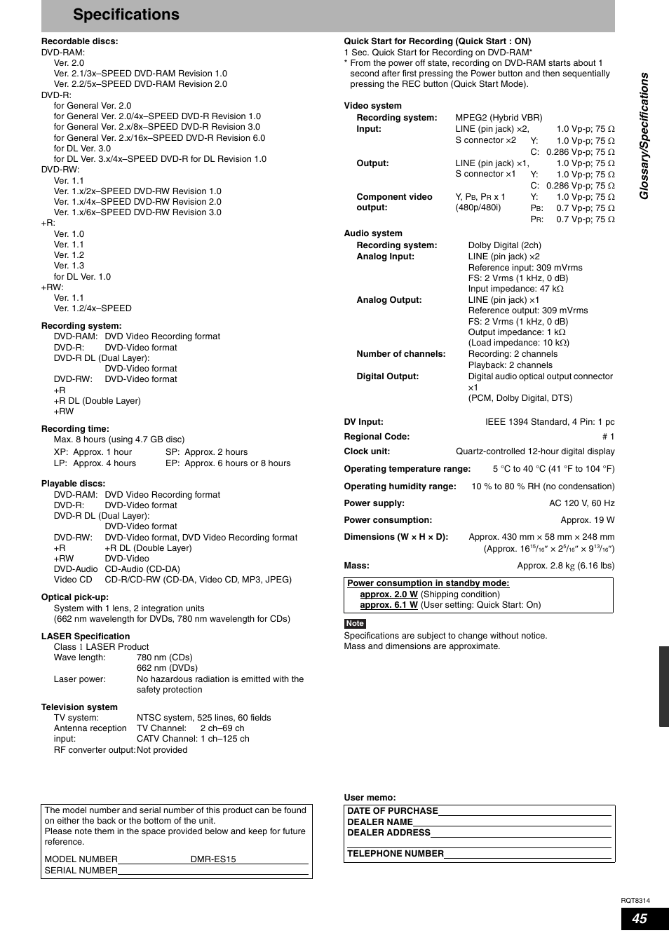 Specifications | Panasonic DMR-ES15 User Manual | Page 45 / 50