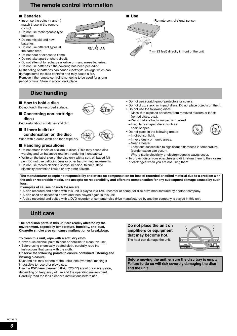 The remote control information, Disc handling, Unit care | Panasonic DMR-ES15 User Manual | Page 6 / 50