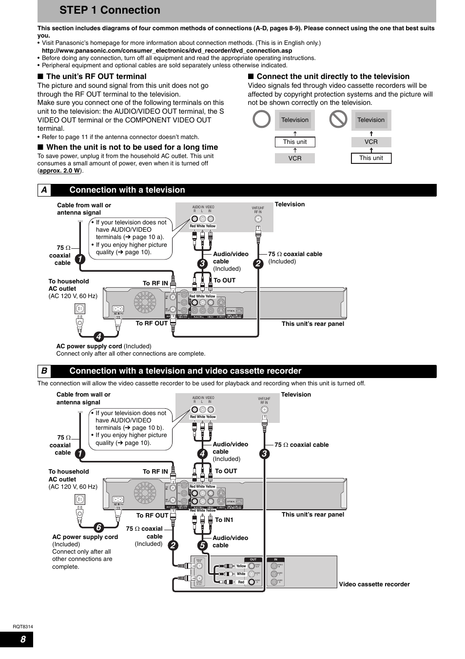 Step 1 connection, Nthe unit’s rf out terminal, Nwhen the unit is not to be used for a long time | Nconnect the unit directly to the television | Panasonic DMR-ES15 User Manual | Page 8 / 50