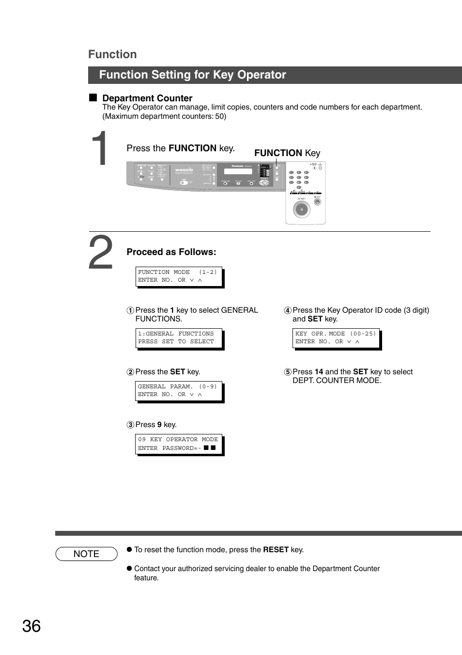 Function setting for key operator function | Panasonic DP-2010E User Manual | Page 36 / 60