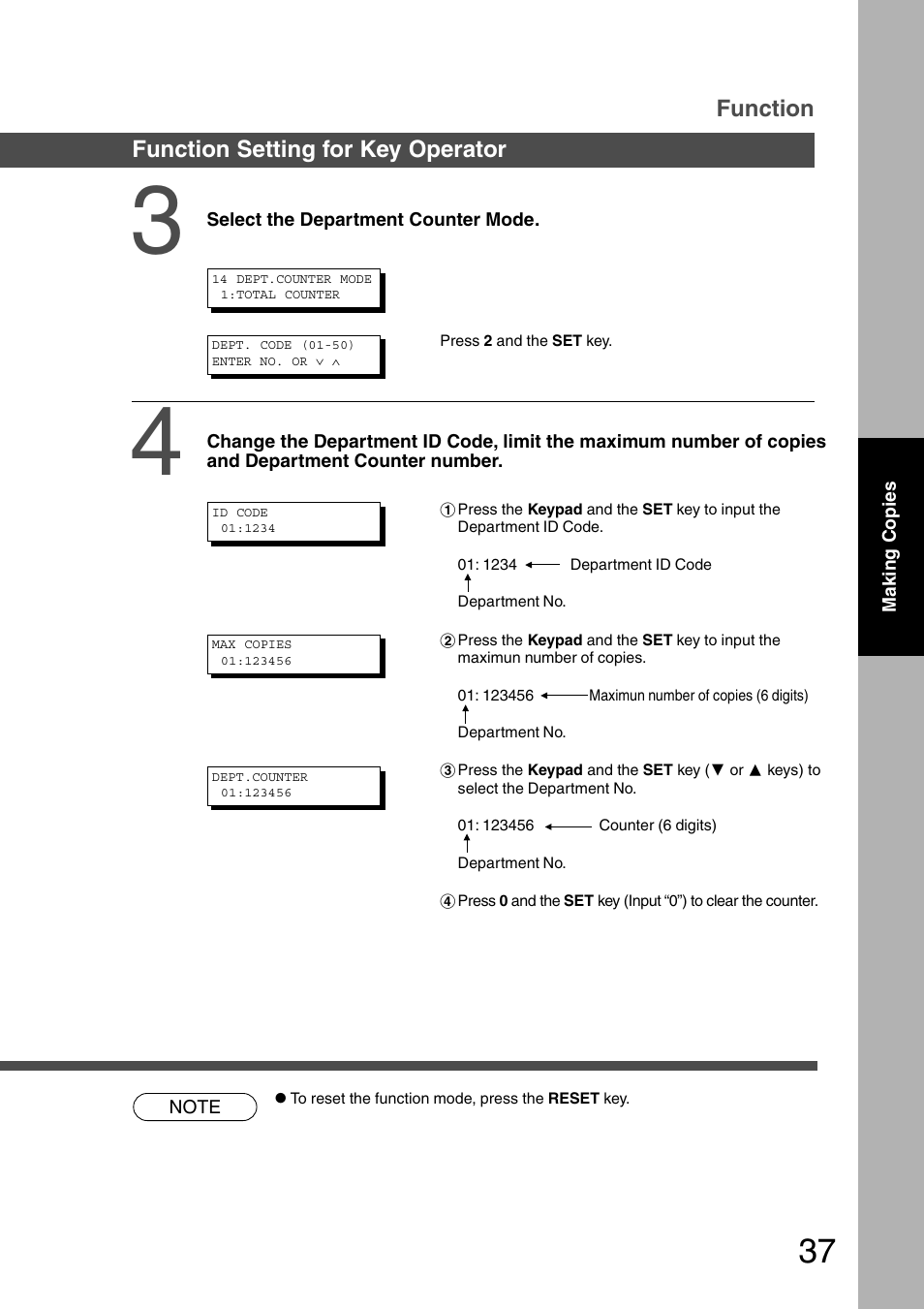 Function, Function setting for key operator | Panasonic DP-2010E User Manual | Page 37 / 60