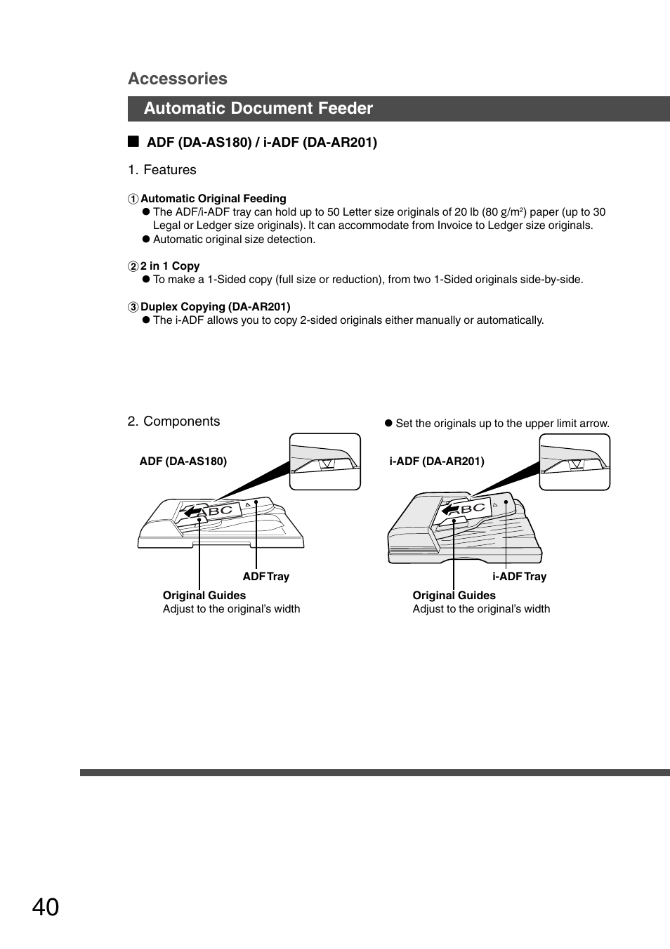 Accessories, Automatic document feeder | Panasonic DP-2010E User Manual | Page 40 / 60