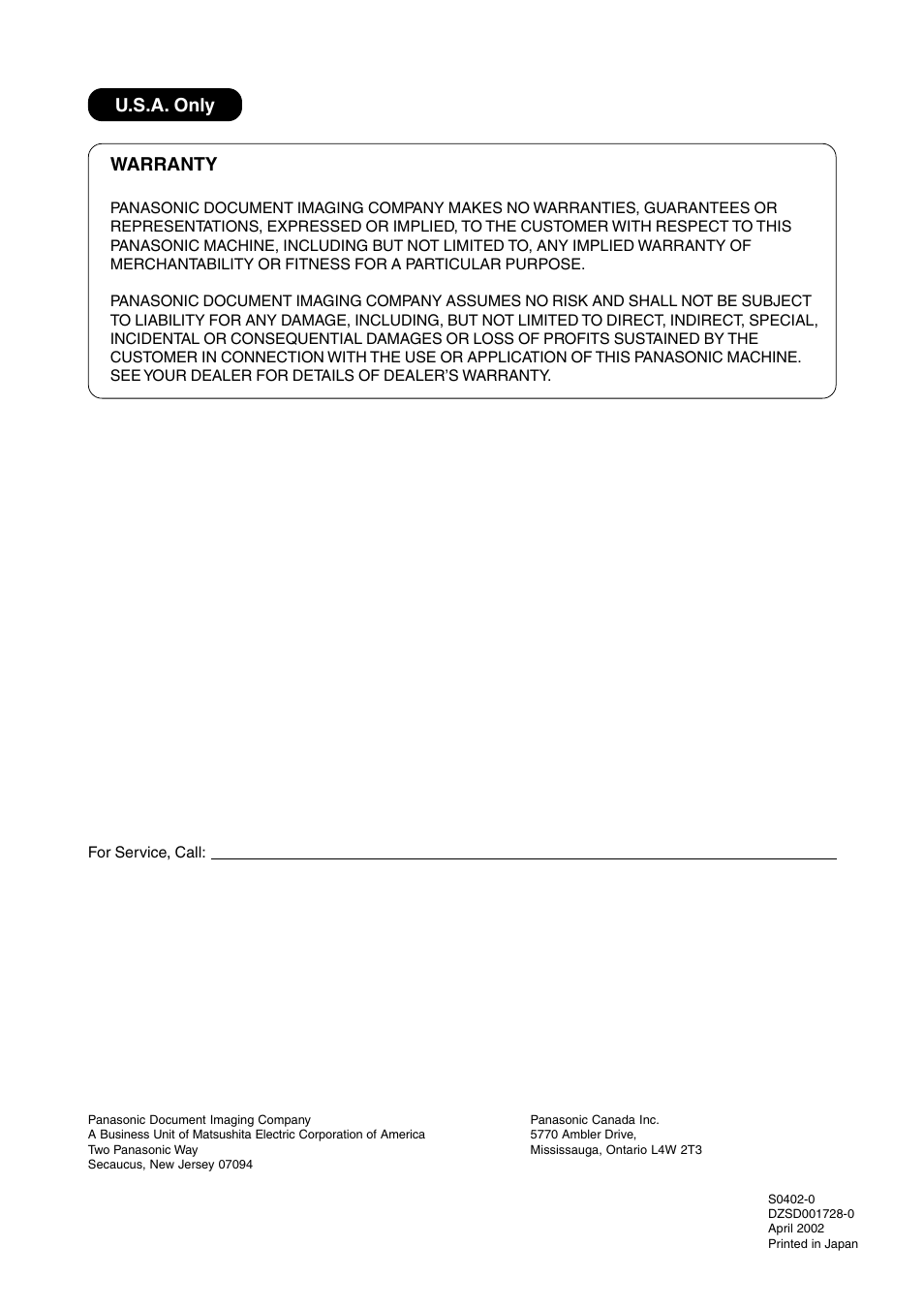 Warranty, U.s.a. only | Panasonic DP-2010E User Manual | Page 60 / 60