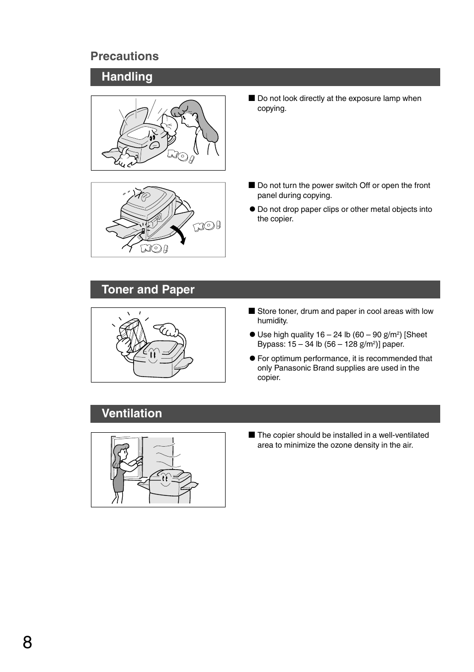 Precautions handling, Toner and paper, Ventilation | Panasonic DP-2010E User Manual | Page 8 / 60