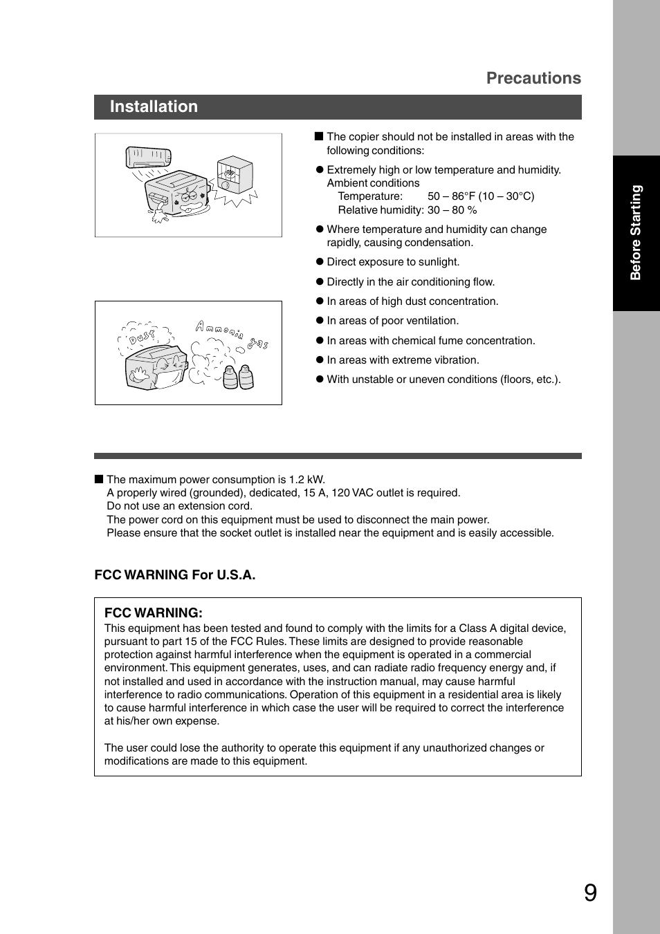 Installation precautions | Panasonic DP-2010E User Manual | Page 9 / 60