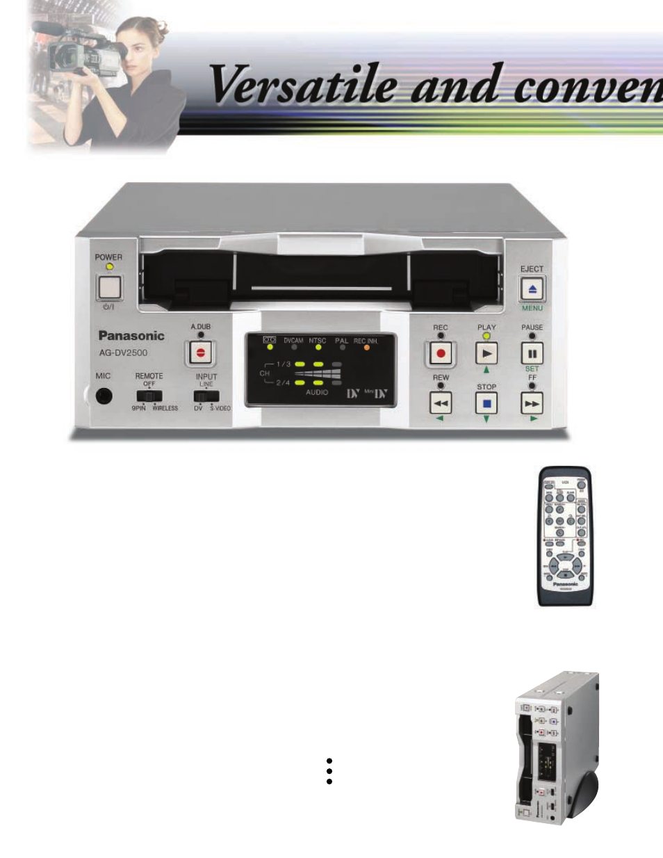Dv (ieee1394) digital input/output, Rs-422a interface, High-quality pcm audio | Compatible with both ntsc and pal, Wireless remote control, Search, jog & shuttle, Time-code recording and playback, Index search, blank search, Tower placement, Other functions | Panasonic AG-DV2500 User Manual | Page 2 / 4