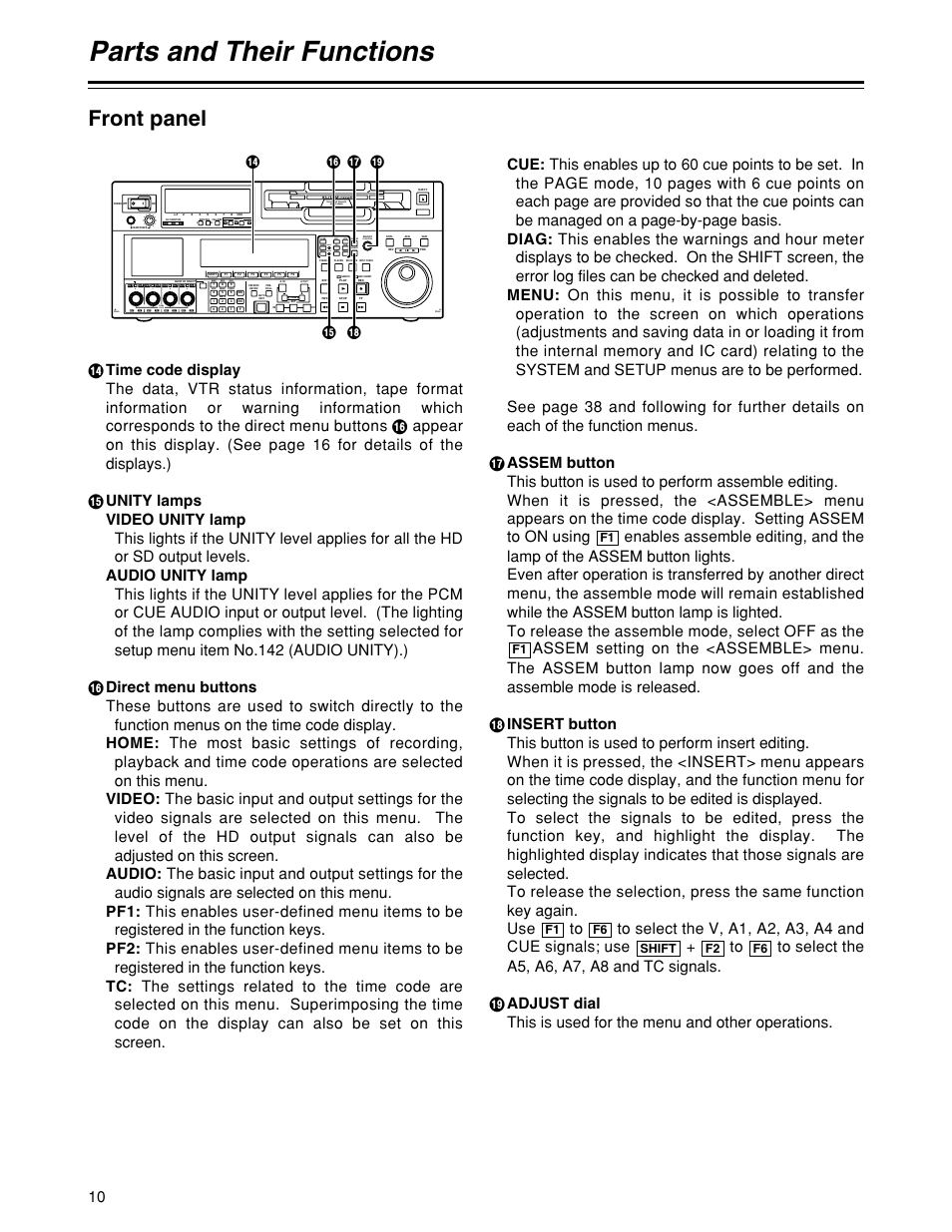 Parts and their functions, Front panel, Push lock | Push-inter, Unity, A c ? b | Panasonic HD1700pe User Manual | Page 10 / 134