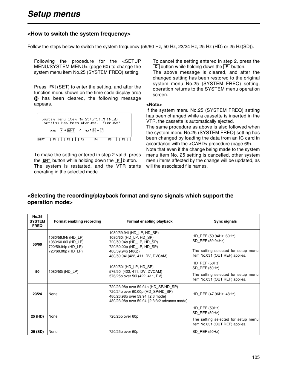 Setup menus, How to switch the system frequency | Panasonic HD1700pe User Manual | Page 105 / 134
