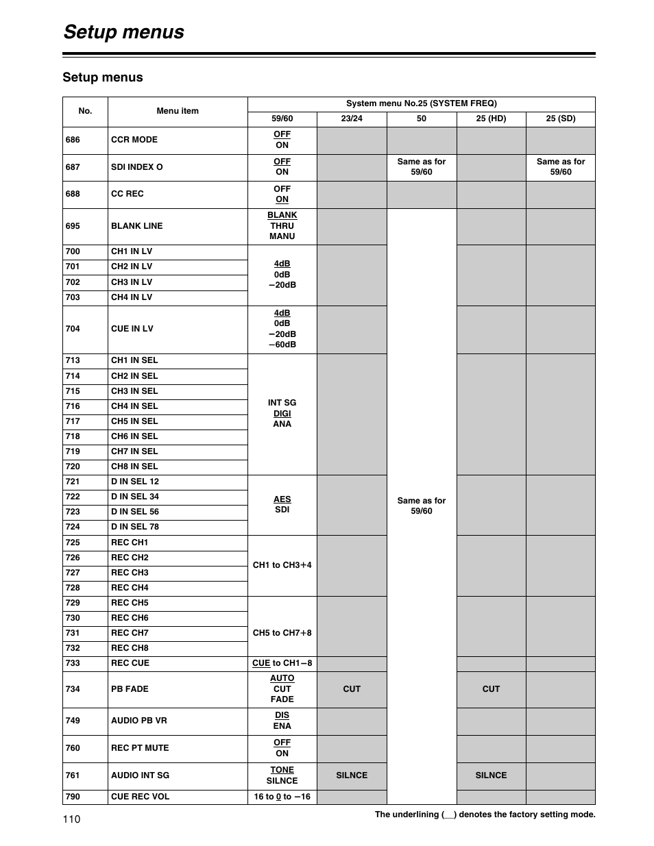 Setup menus | Panasonic HD1700pe User Manual | Page 110 / 134