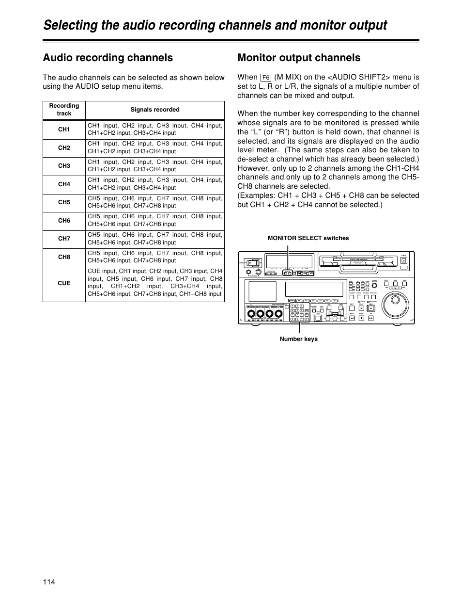 Audio recording channels, Monitor output channels, Unity | F6 number keys monitor select switches | Panasonic HD1700pe User Manual | Page 114 / 134