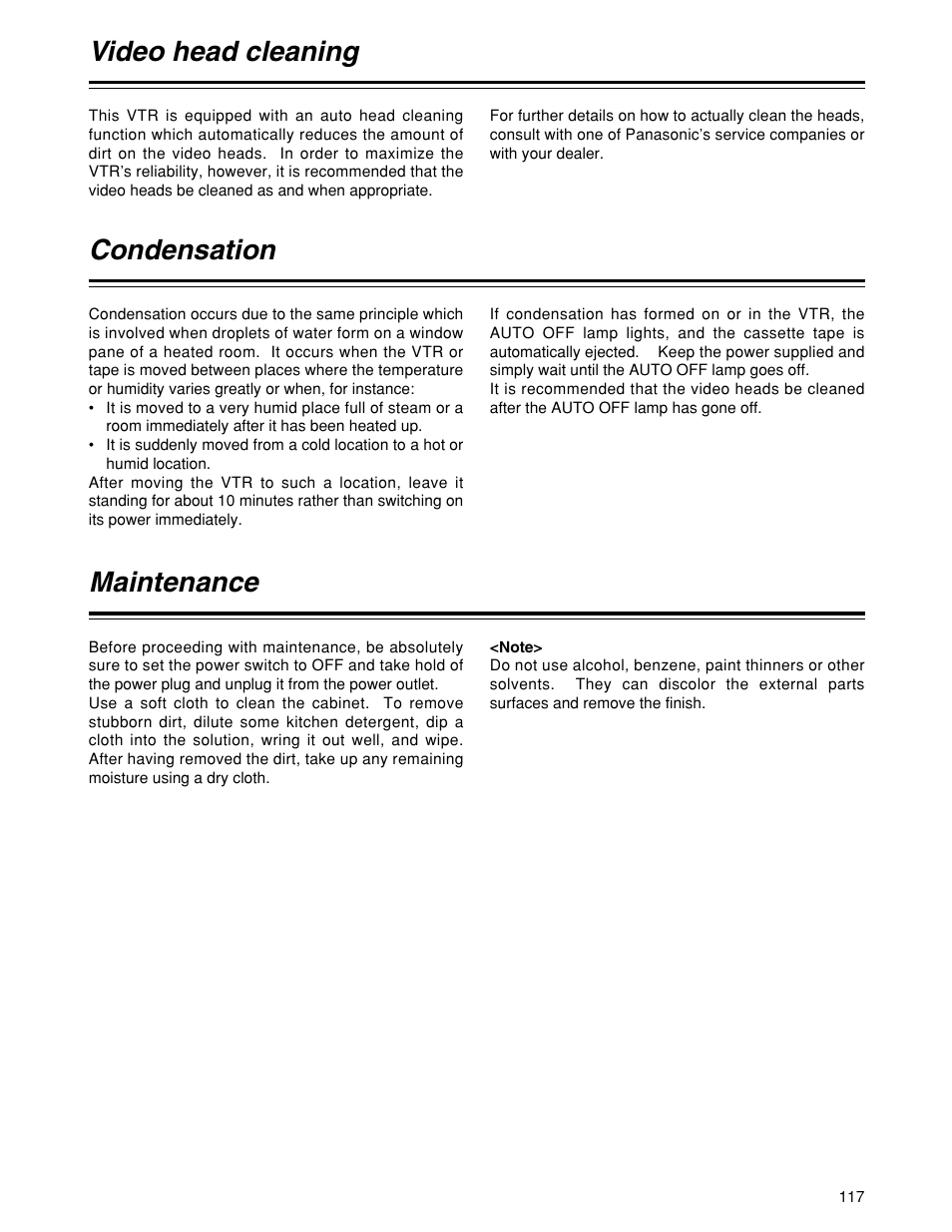 Video head cleaning, Condensation, Maintenance | Panasonic HD1700pe User Manual | Page 117 / 134