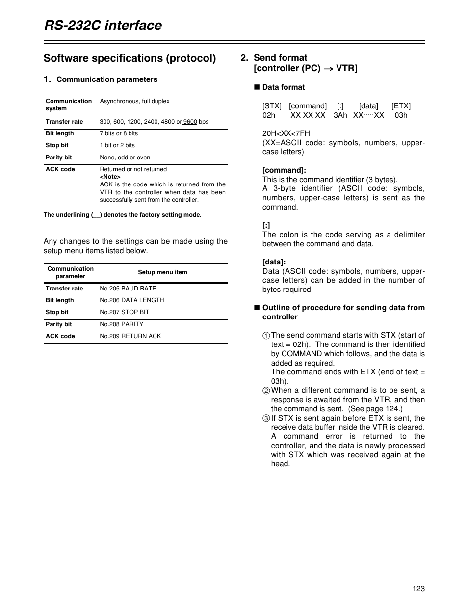 Rs-232c interface, Software specifications (protocol), Send format [controller (pc) > > vtr | Panasonic HD1700pe User Manual | Page 123 / 134