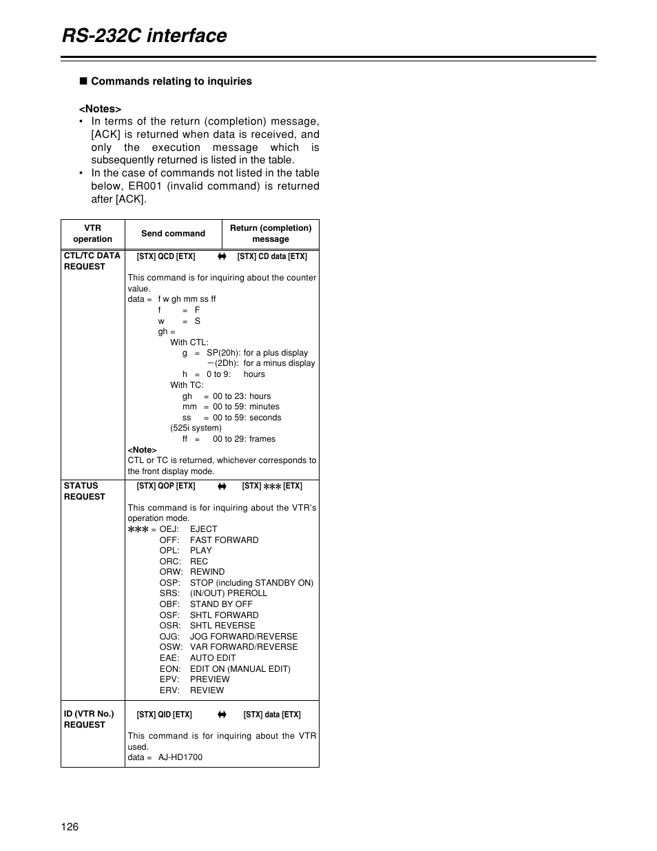 Rs-232c interface | Panasonic HD1700pe User Manual | Page 126 / 134