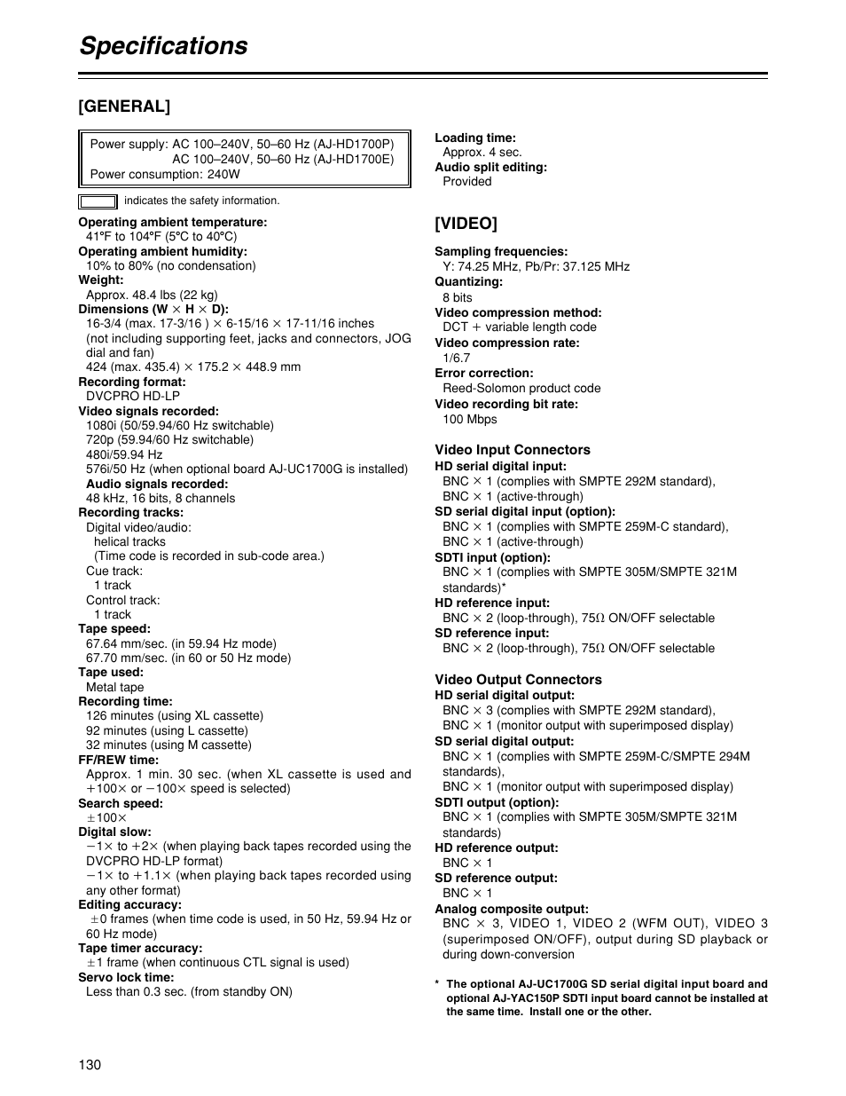 Specifications, General, Video | Panasonic HD1700pe User Manual | Page 130 / 134