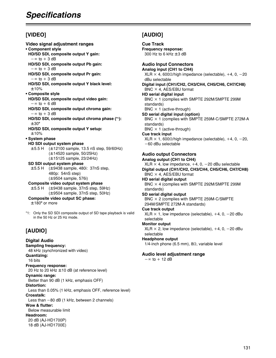 Specifications, Video, Audio | Panasonic HD1700pe User Manual | Page 131 / 134