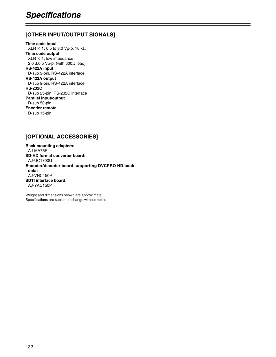 Specifications | Panasonic HD1700pe User Manual | Page 132 / 134