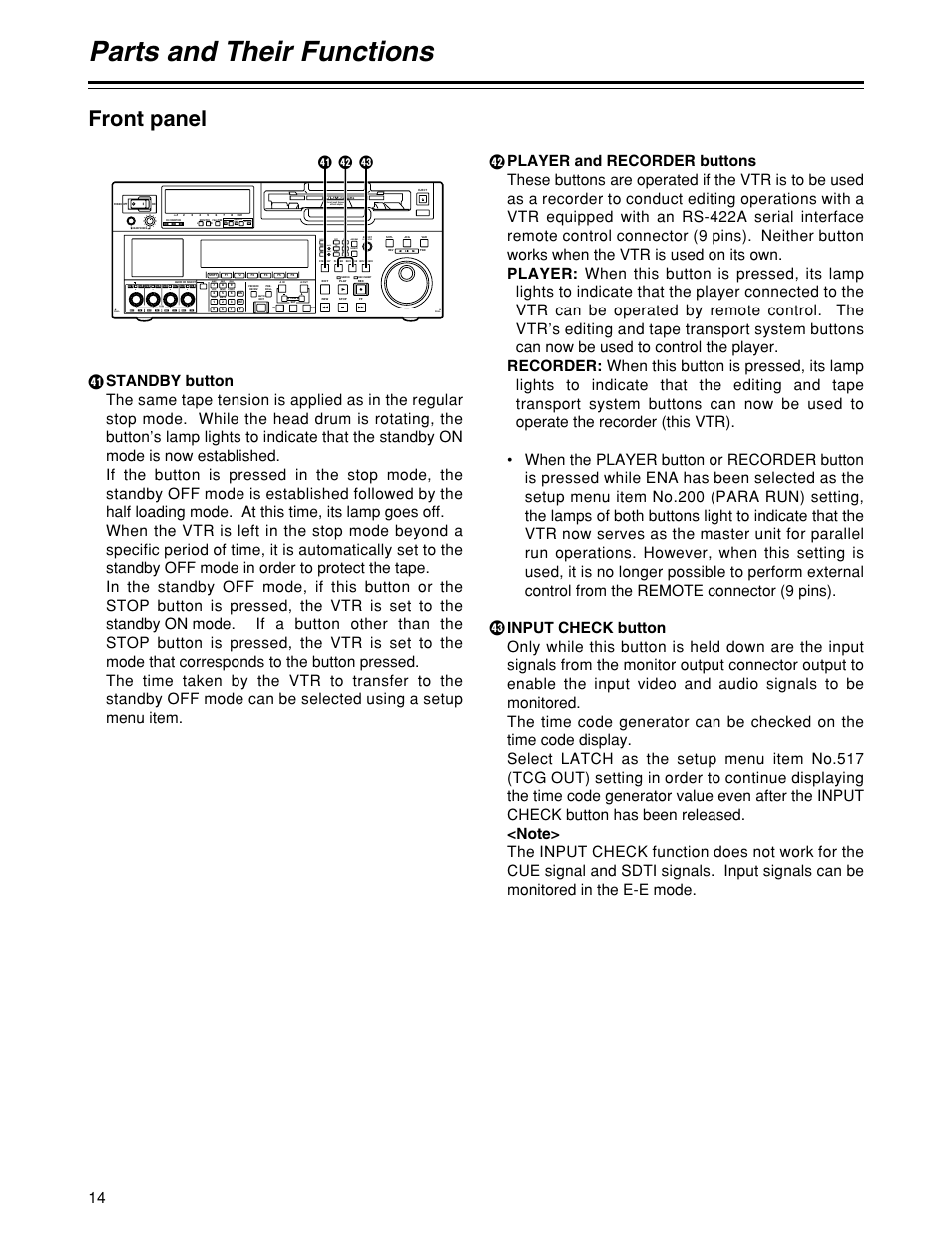 Parts and their functions, Front panel, Push lock | Push-inter, Unity, Y[ z | Panasonic HD1700pe User Manual | Page 14 / 134