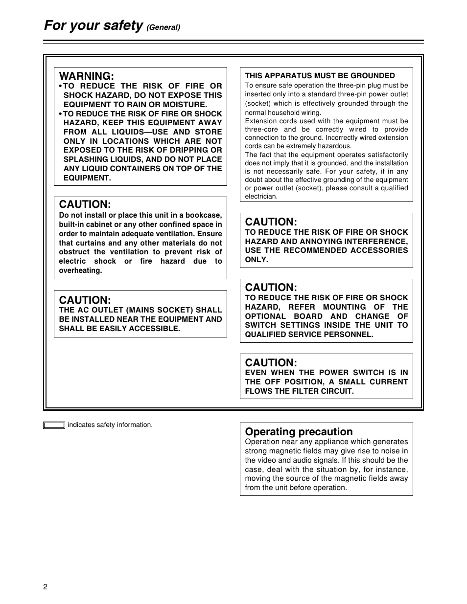 For your safety, Warning, Caution | Operating precaution | Panasonic HD1700pe User Manual | Page 2 / 134