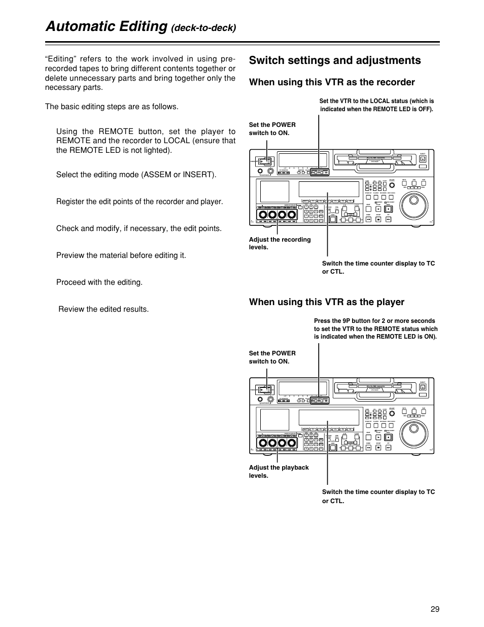 Automatic editing, Switch settings and adjustments, When using this vtr as the recorder | Deck-to-deck), When using this vtr as the player, Select the editing mode (assem or insert), Check and modify, if necessary, the edit points, Preview the material before editing it, Proceed with the editing, Unity | Panasonic HD1700pe User Manual | Page 29 / 134
