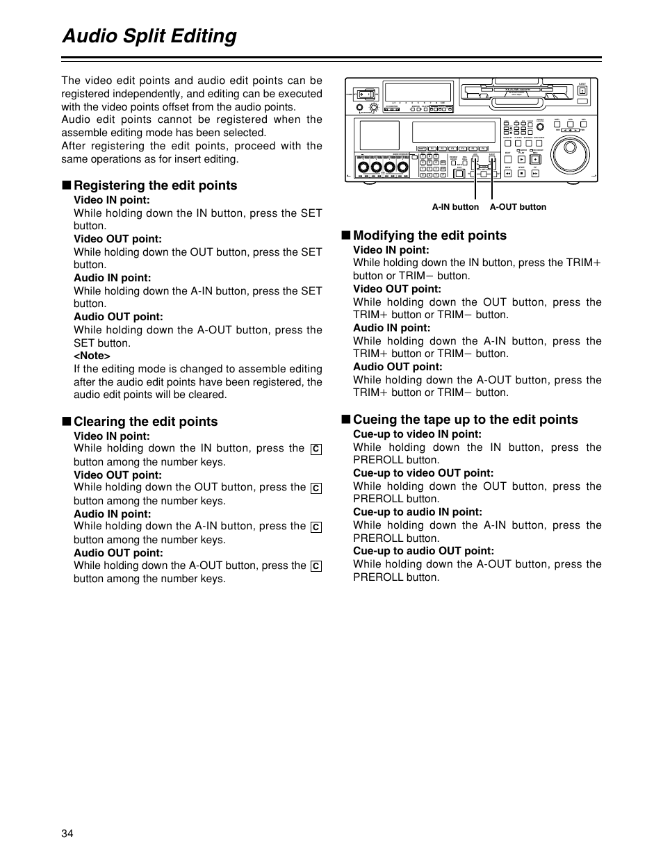 Audio split editing, Modifying the edit points, Cueing the tape up to the edit points | Registering the edit points, Clearing the edit points, Unity, A-in button a-out button | Panasonic HD1700pe User Manual | Page 34 / 134