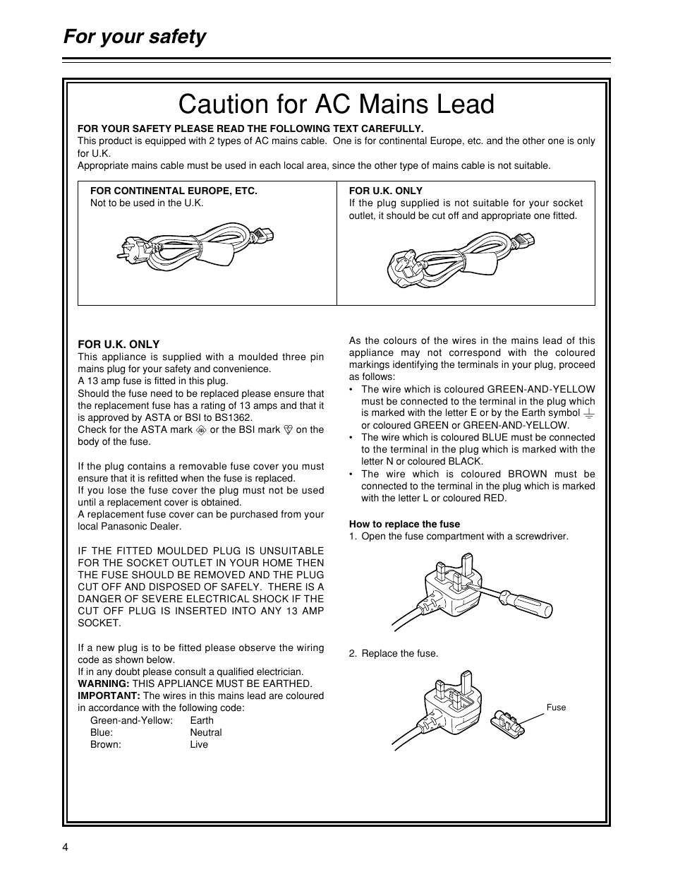 Caution for ac mains lead, For your safety | Panasonic HD1700pe User Manual | Page 4 / 134