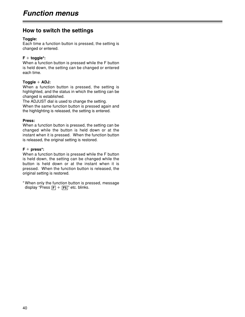 Function menus, How to switch the settings | Panasonic HD1700pe User Manual | Page 40 / 134