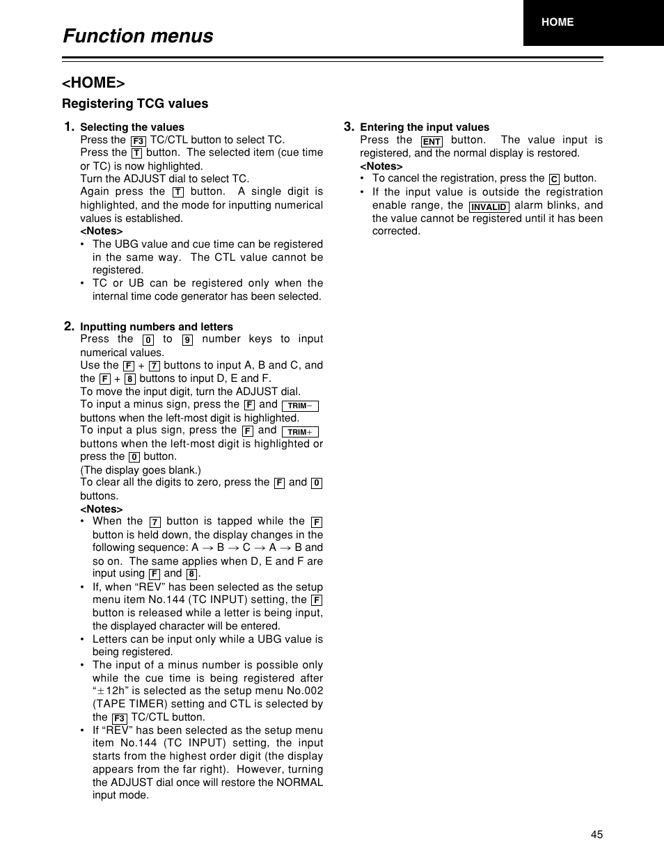 Function menus, Home, Registering tcg values 1. 2. 3 | Panasonic HD1700pe User Manual | Page 45 / 134