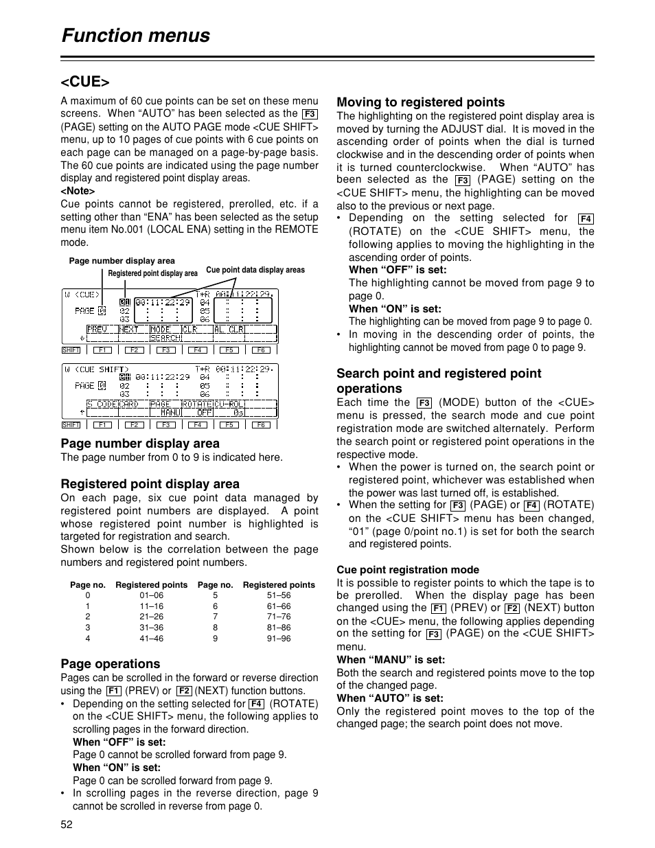 Function menus, Moving to registered points, Search point and registered point operations | Page number display area, Registered point display area, Page operations | Panasonic HD1700pe User Manual | Page 52 / 134