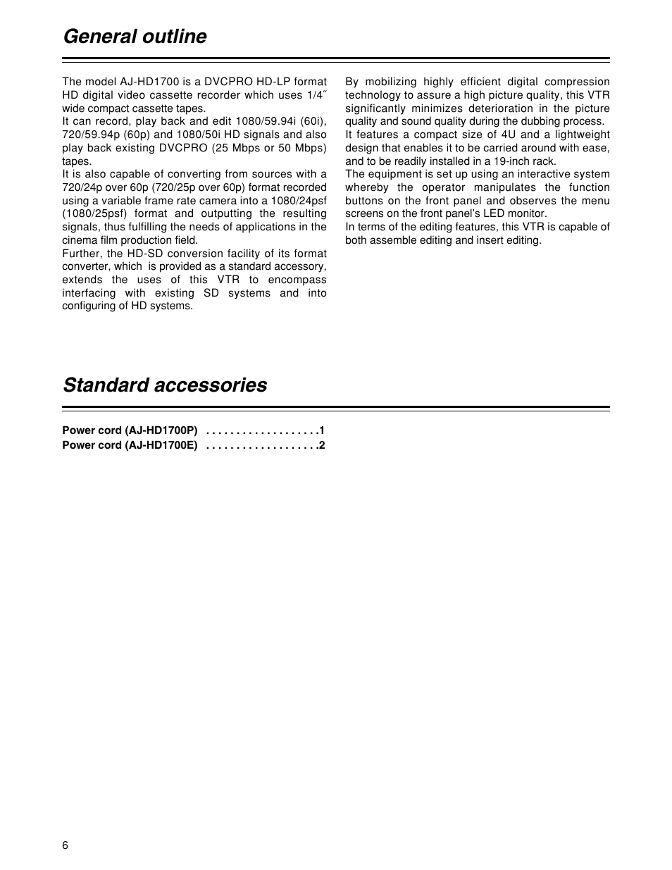 General outline, Standard accessories | Panasonic HD1700pe User Manual | Page 6 / 134