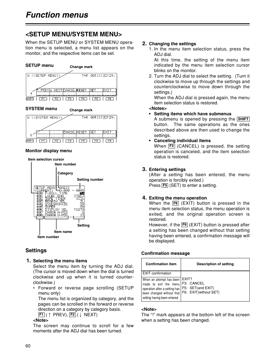 Function menus, Setup menu/system menu, Settings 2 | Panasonic HD1700pe User Manual | Page 60 / 134