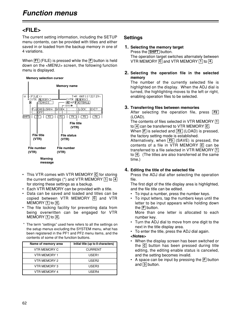 Function menus, File, Settings | Panasonic HD1700pe User Manual | Page 62 / 134