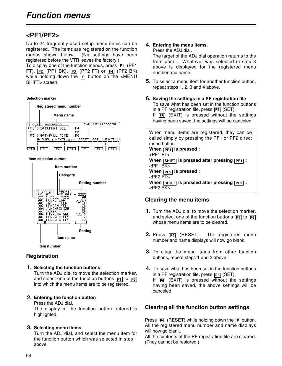 Function menus, Pf1/pf2 | Panasonic HD1700pe User Manual | Page 64 / 134