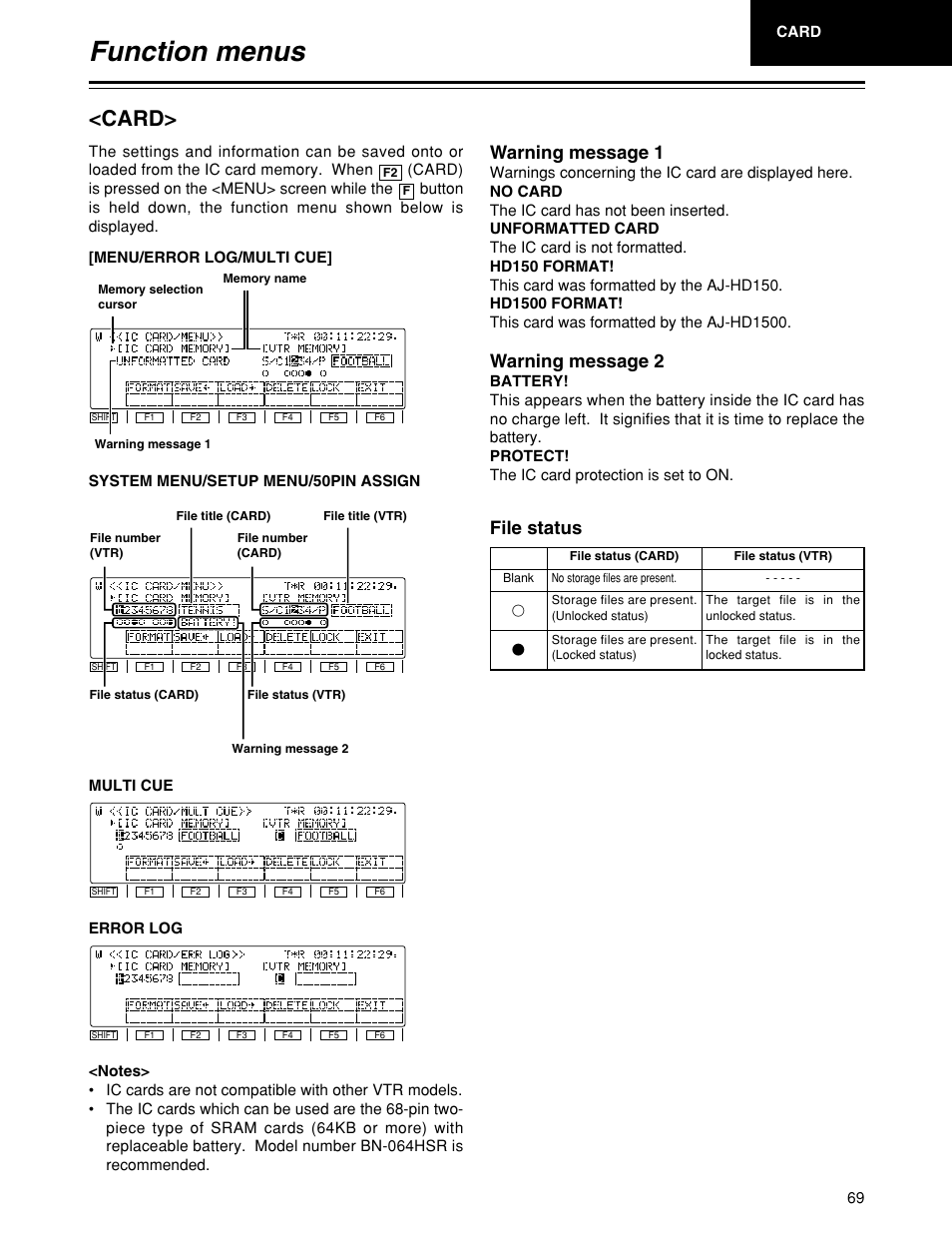 Function menus, Card, File status | Warning message 1, Warning message 2 | Panasonic HD1700pe User Manual | Page 69 / 134