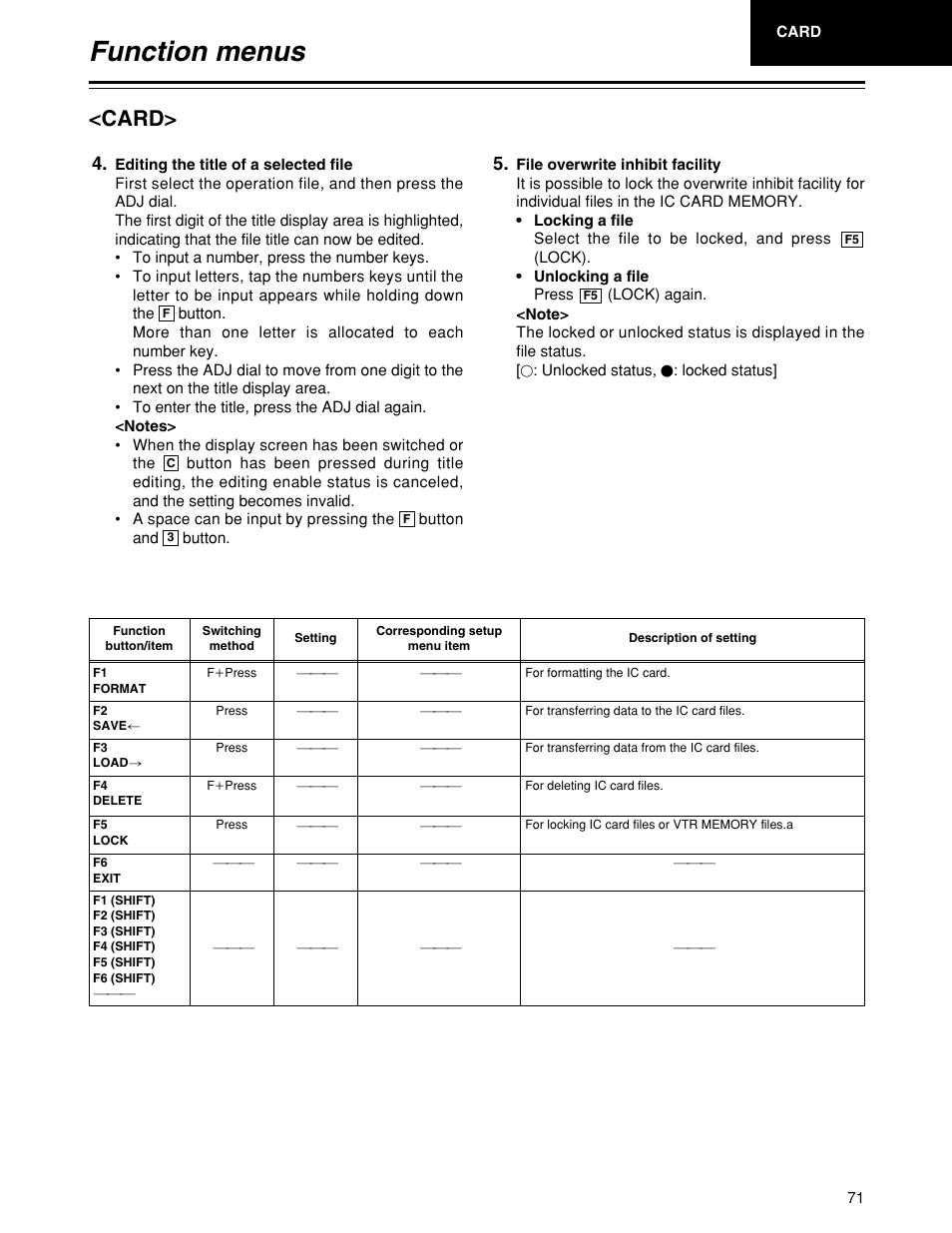 Function menus, Card | Panasonic HD1700pe User Manual | Page 71 / 134